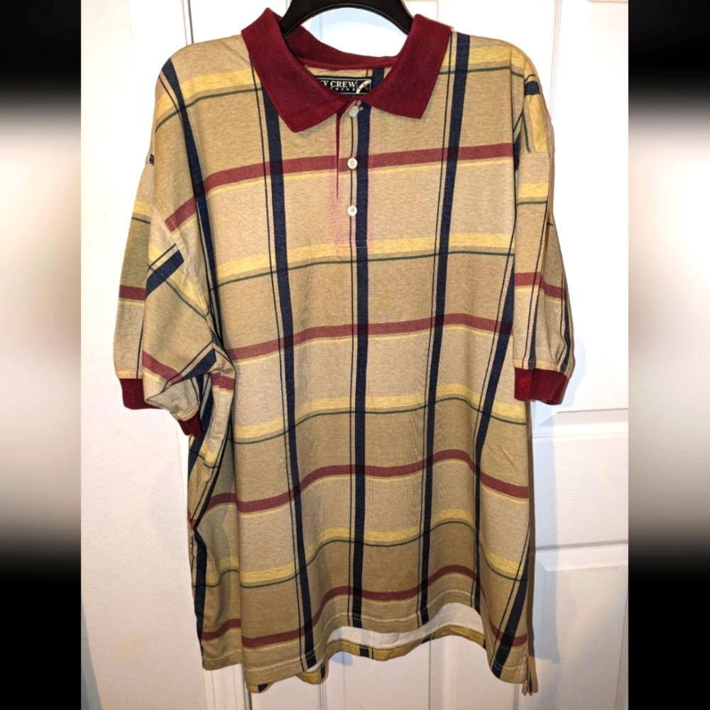 Vintage 90s Ivy Crew Explorer Plaid Polo Shirt Men's Size 2XL Tan Burgundy